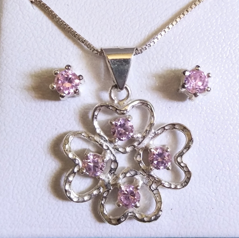 Silver 925 Heart Clover Pink Rhinestone Necklace Earrings